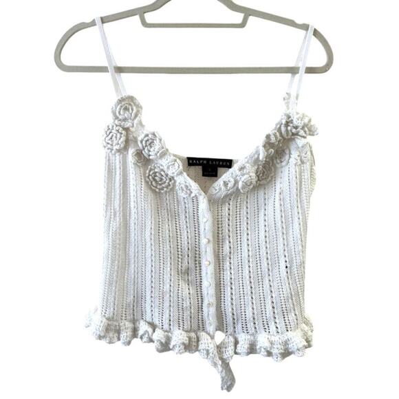 Ralph Lauren Black Label Rare Y2K Crochet Flower-Embellished Top Size Large - Picture 1 of 7